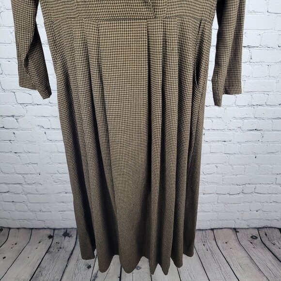VTG Horchow Black Tan Houndstooth Long Sleeve Pleated Peak Lapel Jacket Dress 12 - Picture 7 of 15